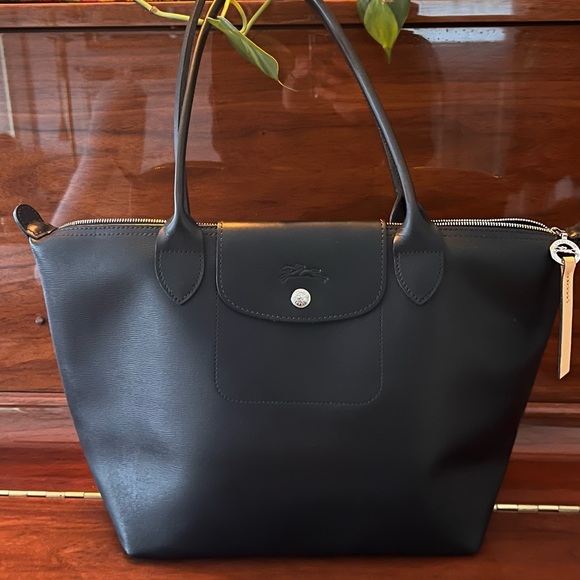 Longchamp Le Pliage Black Leather Tote Bag - Picture 7 of 7